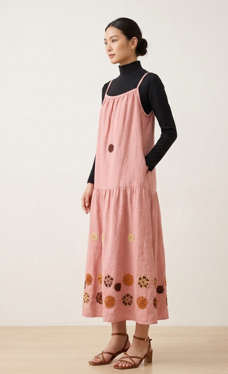 Premium Imported Fabric Pinafore Set – 2-Piece Embroidered Linen-Blend Maxi Dress