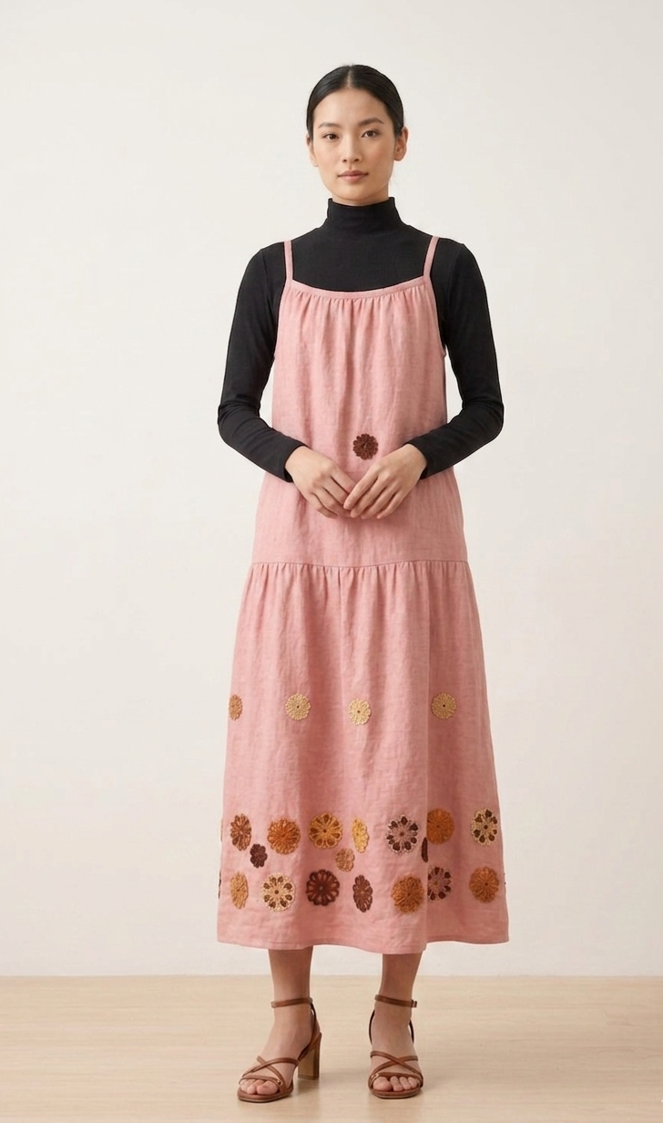 Premium Imported Fabric Pinafore Set – 2-Piece Embroidered Linen-Blend Maxi Dress
