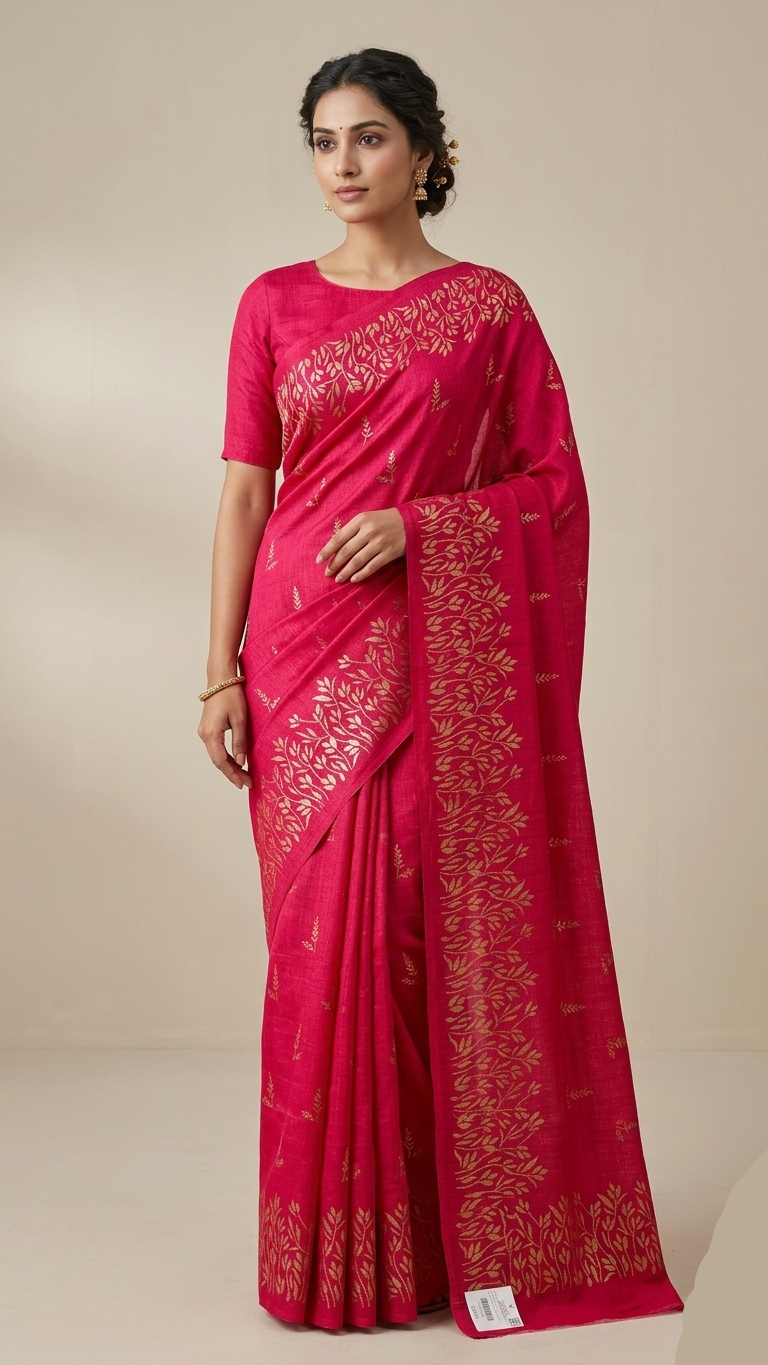 Vichithra Silks Rani Pink Saree – Synthetic Fabric (Without Blouse Piece)